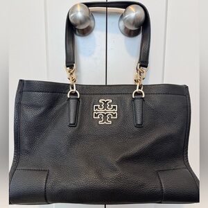 Tory Burch Britten Tote Black Slouch Handbag Purse Shoulder Bag /Pebbled Leather